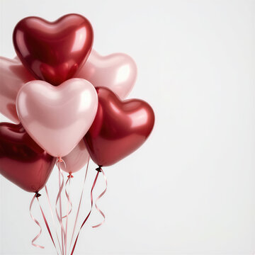 Six glossy cherry red and blush pink heart balloons cluster organically at the lower left with matching ribbons, creating romantic elegance with generous white copy space.