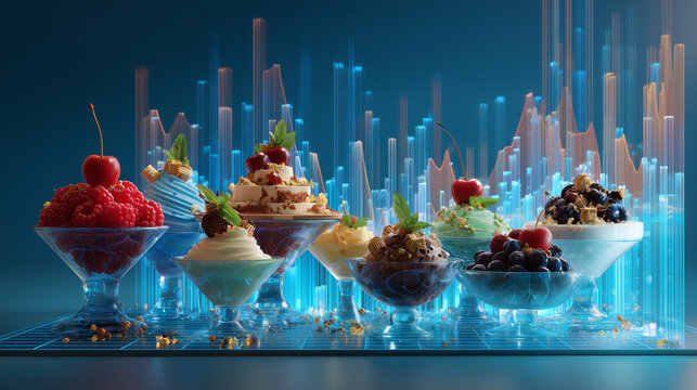 Colorful Ice Cream Parfait Glasses with Digital Graph Background（デジタルグラフ背景のカラフルなアイスクリームパフェ）