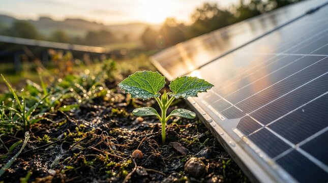 Sustainable solar energy concept, green plant sprout growing next to solar panels at sunrise, renewable power and environmental conservation