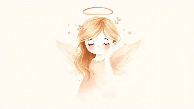 Soft watercolor angel girl with delicate wings, halo and gentle expression in beige blush tones on a dreamy light background.