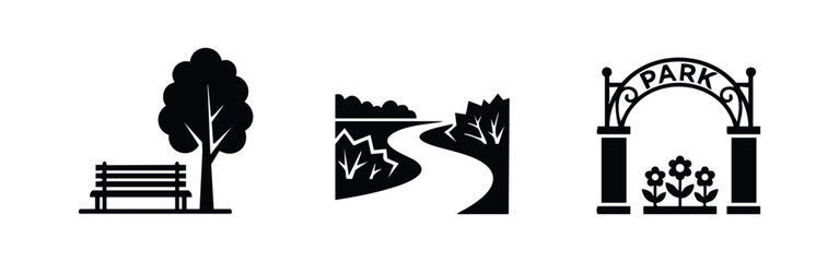 Set of three minimalist black and white park icons featuring a bench and tree, a winding garden path, and an ornate park entrance gate with flowers. © Lili