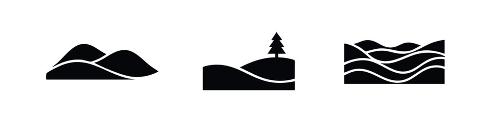 A set of minimalist black vector icons depicting rolling hills, mountain ranges, and a single pine tree, perfect for clean landscape design. © Lili