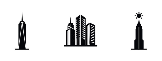 Set of three minimalist black skyscraper icons and urban building silhouettes isolated on white background, ideal for modern city logo designs. © Lili