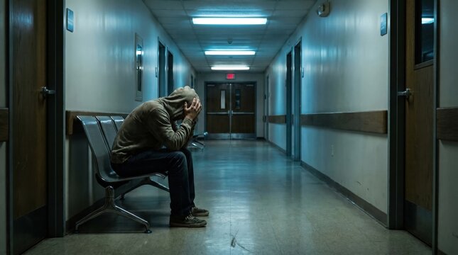 Depressed man sitting on a chair in a dark empty hospital hallway holding his head in his hands.