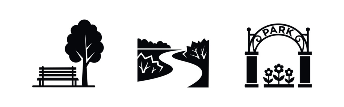Set of three minimalist black and white park icons featuring a bench and tree, a winding garden path, and an ornate park entrance gate with flowers.