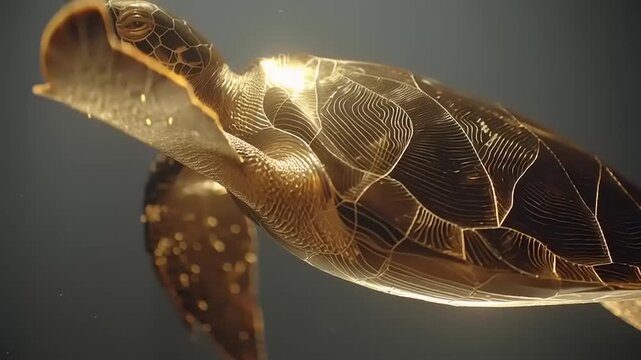 Golden sea turtle swims underwater with sunlight shining on its shell and fins in ocean