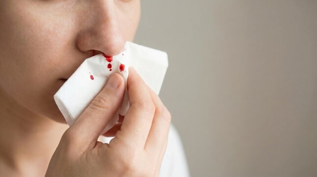 Close up of a person using a white tissue with red blood spots to stop a sudden nosebleed.