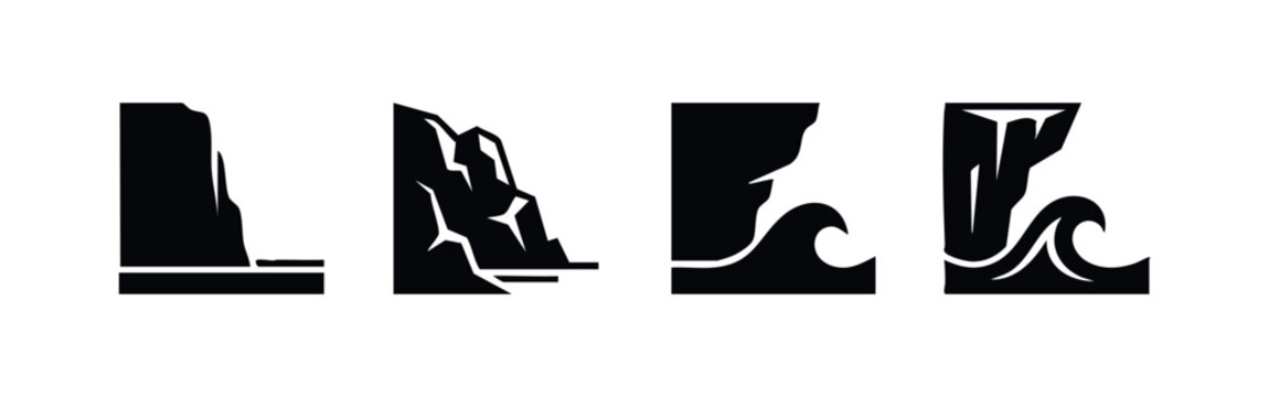 Set of four stylized vector icons depicting rocky cliffs meeting ocean waves. Minimalist black silhouettes on a white background for modern design.