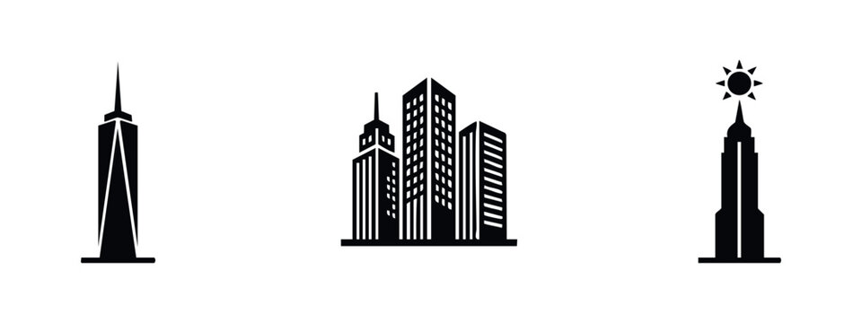 Set of three minimalist black skyscraper icons and urban building silhouettes isolated on white background, ideal for modern city logo designs.