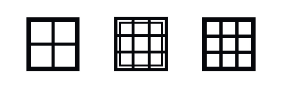 Set of minimalist black grid icons on a white background, featuring various square layouts for interface design, apps, and web navigation menus.