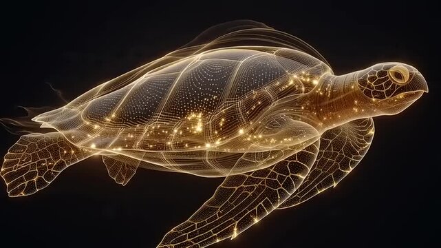 Golden turtle swims through dark water with glowing lines and dots on its shell and flippers
