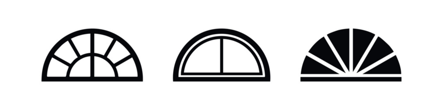 Set of three minimalist black semicircular window icons on a white background, representing different arched transom architectural designs and styles.