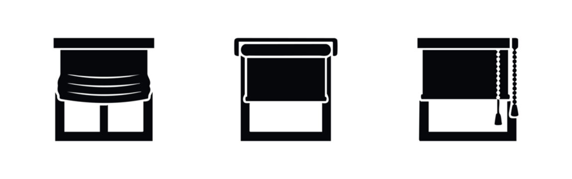 Set of black silhouette icons featuring different styles of window blinds, including roman shades and roller blinds on a white background.