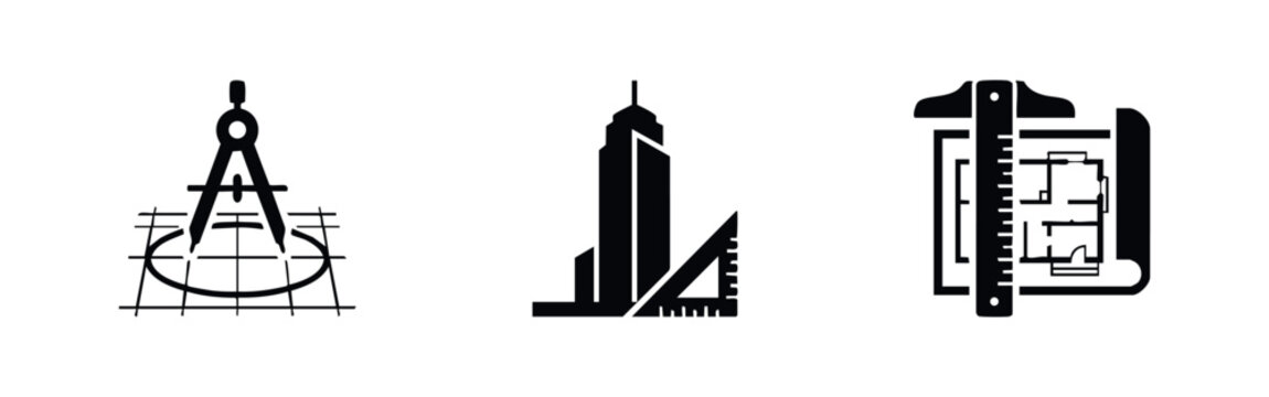Vector set of architecture and engineering icons featuring a compass on a grid, a skyscraper with a set square, and a blueprint floor plan.