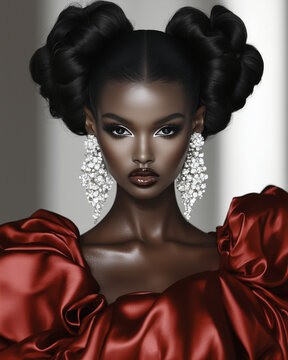 Dark Skin Woman in Red Dress, Luxury Beauty Editorial Portrait