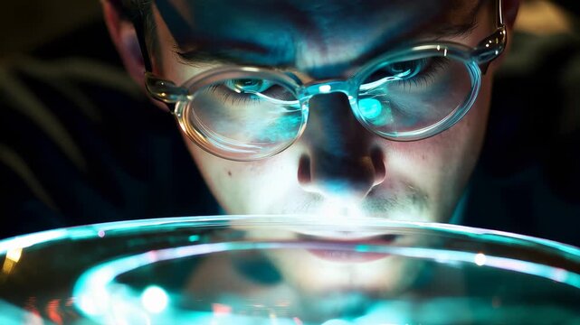 Close up of a male researcher with glasses intently observing a glowing circular device, with reflections of the bright blue light visible in his eyes and on his face in a dark laboratory