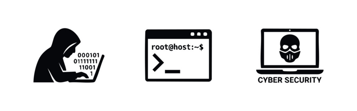 Set of minimalist black icons representing cybersecurity and hacking, featuring a hooded hacker, command terminal, and laptop with a skull symbol.
