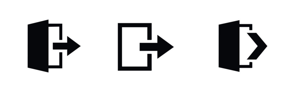 Set of three minimalist black logout and exit icons for user interface design, featuring door and arrow symbols on a clean white background.