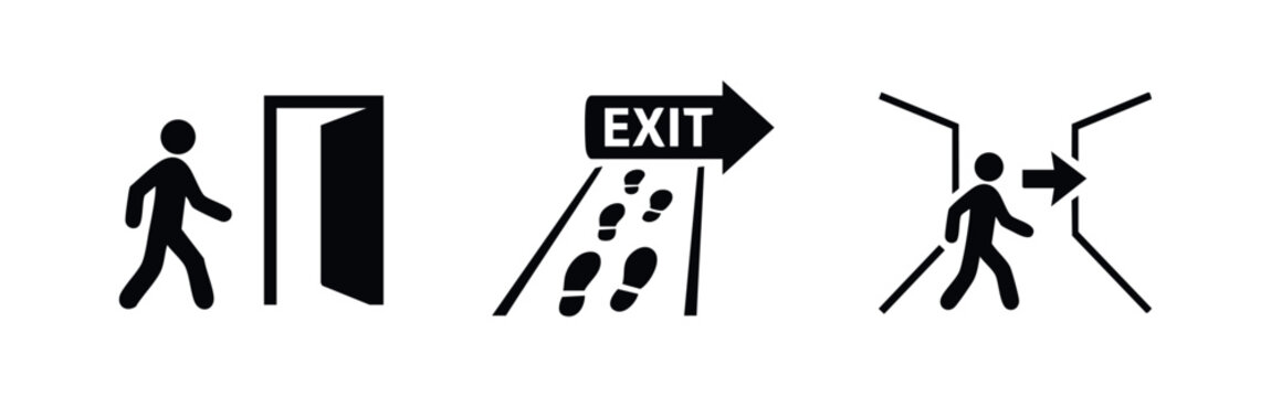 Minimalist black exit icon set showing a figure walking through a door, directional footprints, and wayfinding arrows on a white background.
