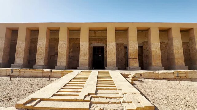 Beautiful interiors and ancient hieroglyphs in the Temple of Seti I in Abydos, Egypt.