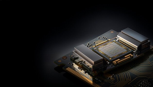 High-end realistic shot of advanced AI semiconductor chipset with intricate gold circuits, deep black background and copy space
