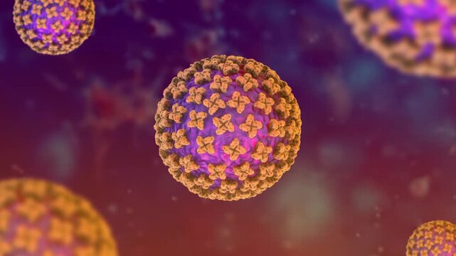 3D medical illustration of Hantavirus particles under a microscope. This scientific visualization shows the viral structure and glycoproteins, suitable for healthcare, education, and microbiology.