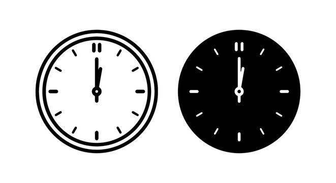 Clock faces, analog time icons, black and white, vector graphics