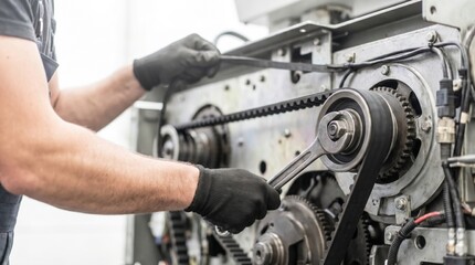Fototapeta premium Maintenance engineer hands using a wrench to repair complex industrial machinery with drive belts