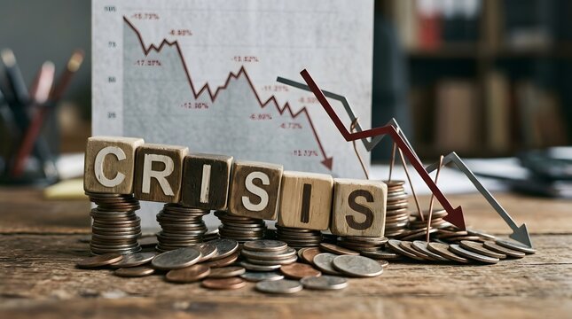 Crisis concept, inscription crisis on wooden cubes and a stack of coins with a graph.