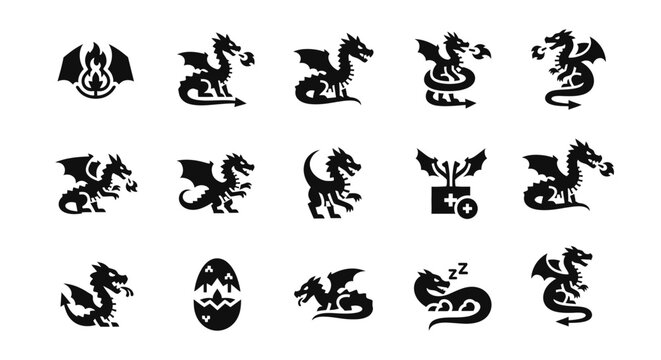 15 Dragon silhouette icons fire breathing egg wings, solid black style, fantasy mythology set