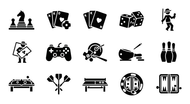 15 Gaming silhouette icons cards dice chess controller, solid black style, hobby leisure collection
