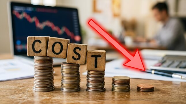Cost reduction with wooden cubes, coins, and a red arrow pointing downwards.