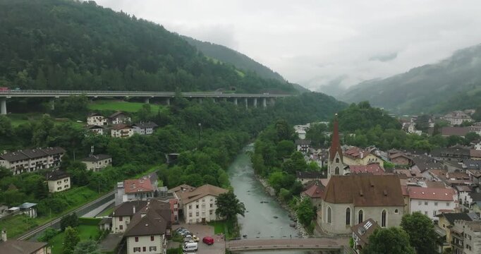 Aerial of Chiusa village and Eisack river, Italy