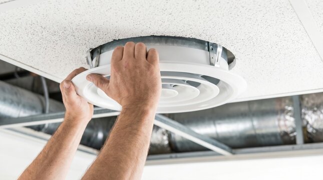 HVAC technician hands installing a circular white plastic air diffuser vent into a commercial drop ceiling
