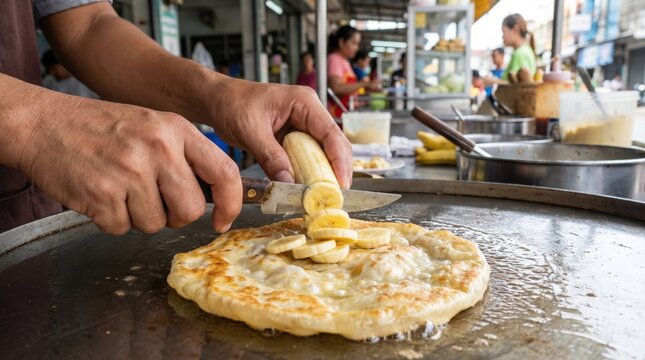 Vendor hands using a knife to slice a fresh banana directly onto a frying sweet roti dough on a pan