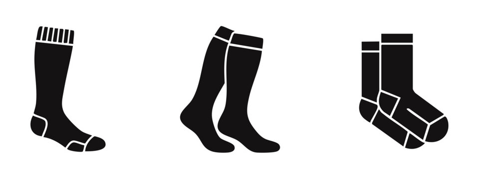 Set of three black sock icon styles, including single and pairs. Clean minimalist vector silhouettes for fashion, apparel, and laundry concepts.