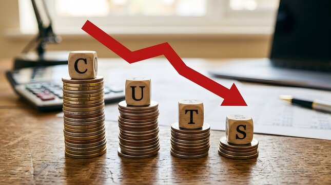Decreasing stacks of coins with cuts word and red arrow pointing downwards.