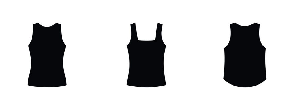 Minimalist set of black tank top and sleeveless shirt silhouettes isolated on a white background. Perfect for apparel design and fashion icons.