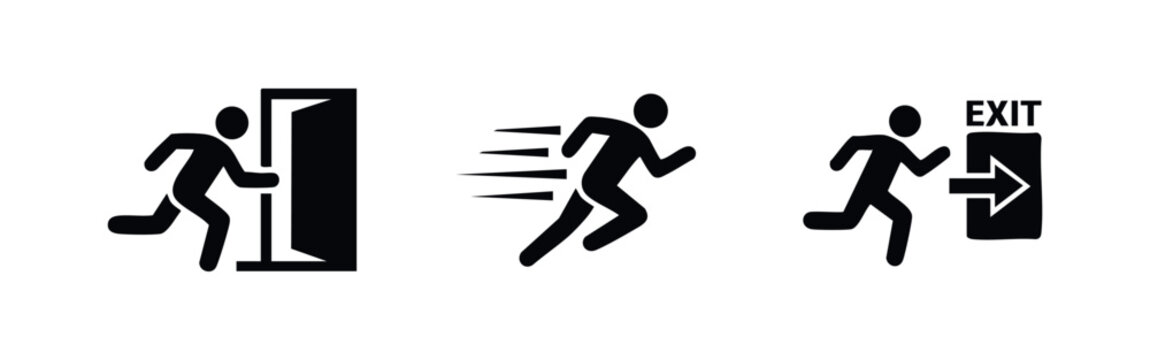Vector set of emergency exit icons featuring a running stick figure, open door, motion lines, and directional arrows for fire safety and evacuation.
