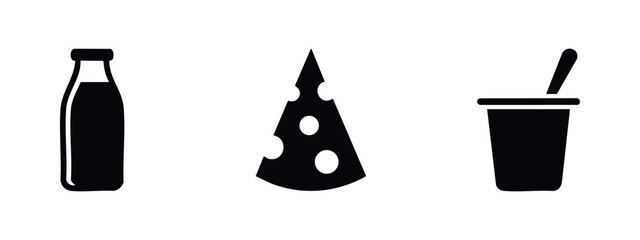 Set of minimalist black dairy icons featuring a milk bottle, cheese slice with holes, and a yogurt cup with a spoon on a white background. © Lili