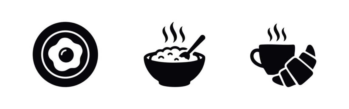 Minimalist black breakfast icons featuring a fried egg, a hot bowl of oatmeal, and a coffee cup with a croissant, isolated on a white background.