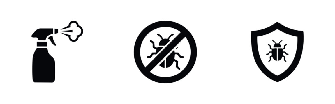 Black pest control icons including insecticide spray bottle, no insects sign, and bug protection shield isolated on a white background.
