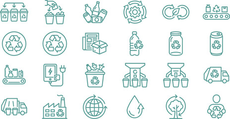 Obraz premium Recycling icons set featuring green outline symbols for environmental waste management and sustainable industrial processing solutions