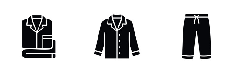 Naklejka premium Set of black sleepwear icons featuring folded pajamas, a button-down sleep shirt, and long lounge pants in a minimalist glyph style.