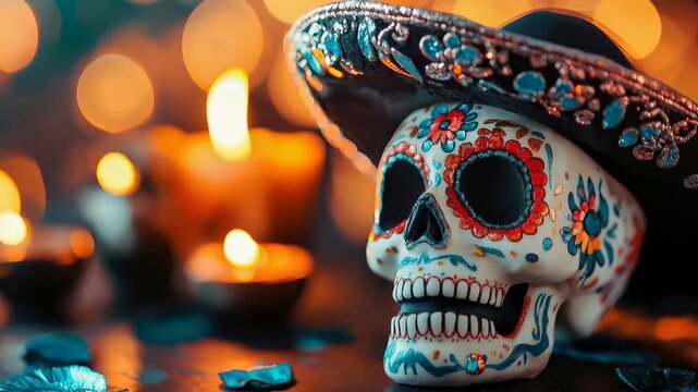 Festive Dia de los Muertos celebration featuring a decorated calavera sugar skull wearing a traditional sombrero, with blurred candles creating a warm, spiritual bokeh background