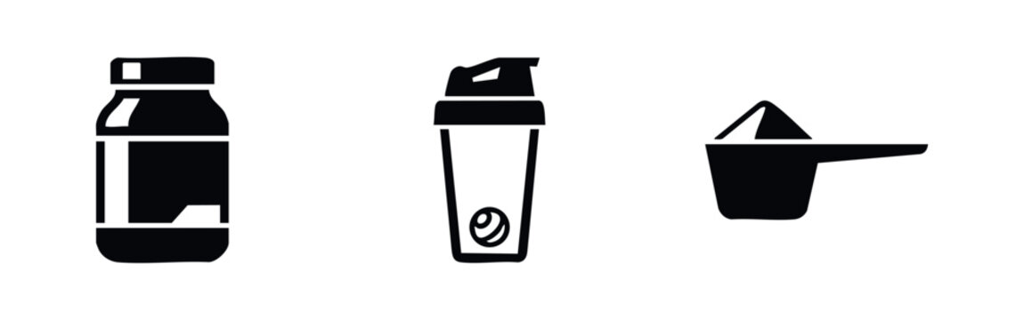 Set of minimalist fitness supplement icons featuring a protein powder jar, a shaker bottle with mixing ball, and a measuring scoop.