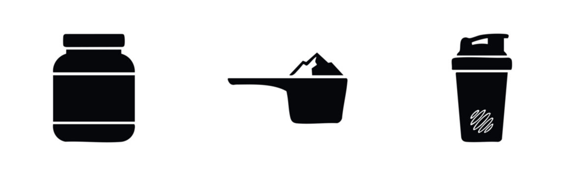 Set of minimalist black icons including a supplement jar, a measuring scoop with powder, and a protein shaker bottle, isolated on white.
