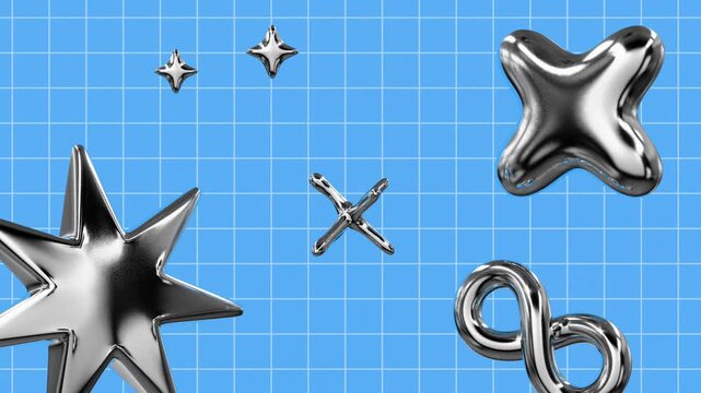 Chrome Metallic 3D Abstract Objects Spinning Loop Animation on Blue Grid Background, Y2K Silver Rotating Icons Motion
