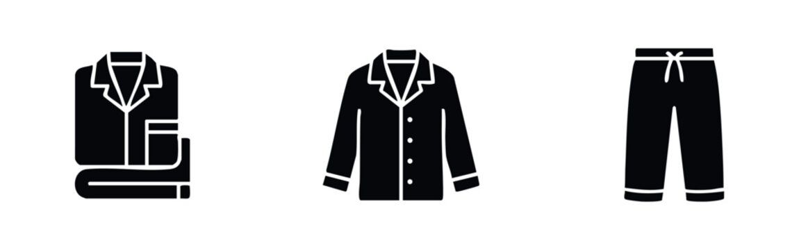 Set of black sleepwear icons featuring folded pajamas, a button-down sleep shirt, and long lounge pants in a minimalist glyph style.
