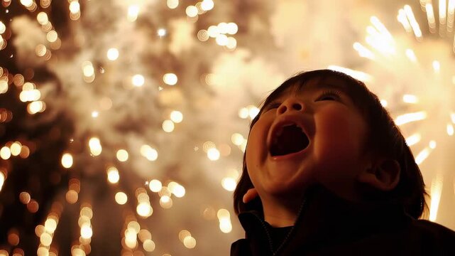 Little asian girl with a look of awe and her mouth wide open, looking up at a spectacular display of fireworks in the night sky, creating a feeling of joy, wonder, and celebration
